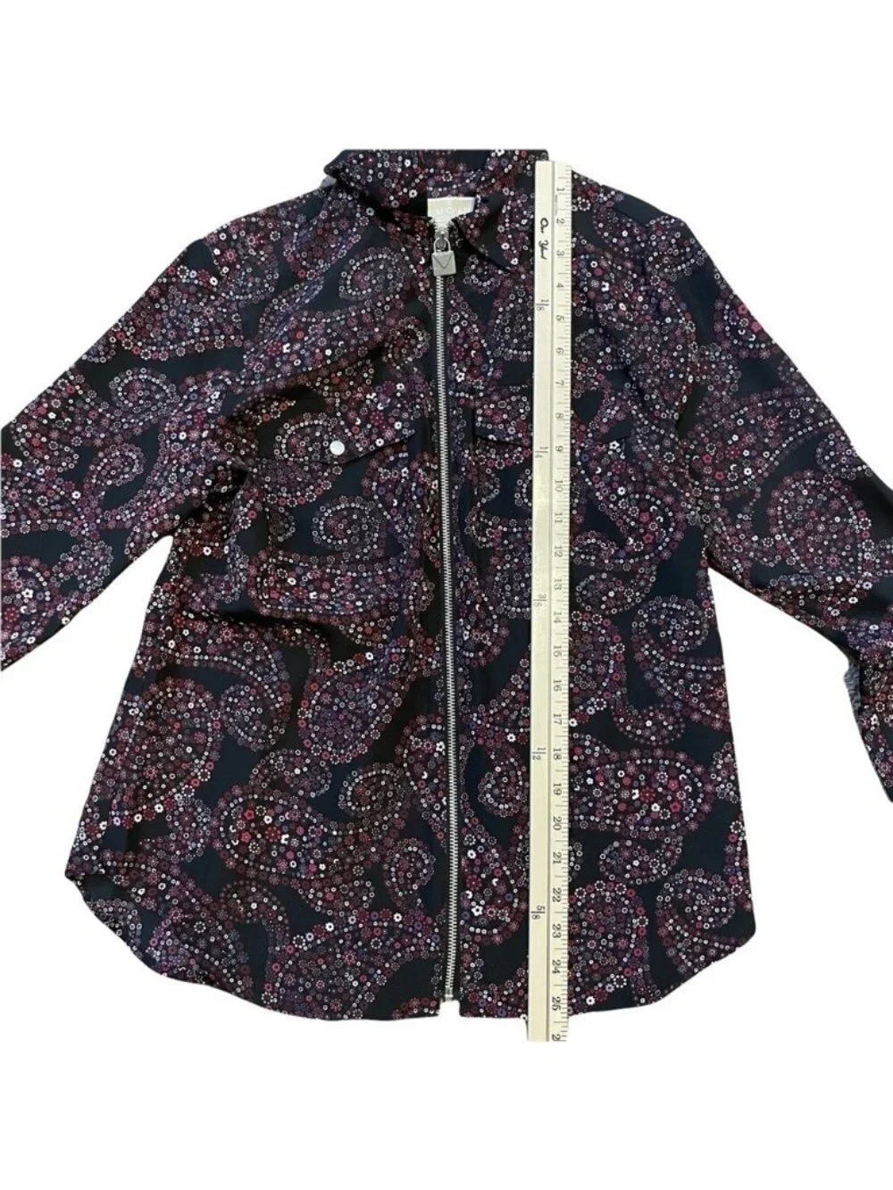 Michael Kors Black Purple Floral Blouse Paisley Long Sleeve Lock Zipper SMALL